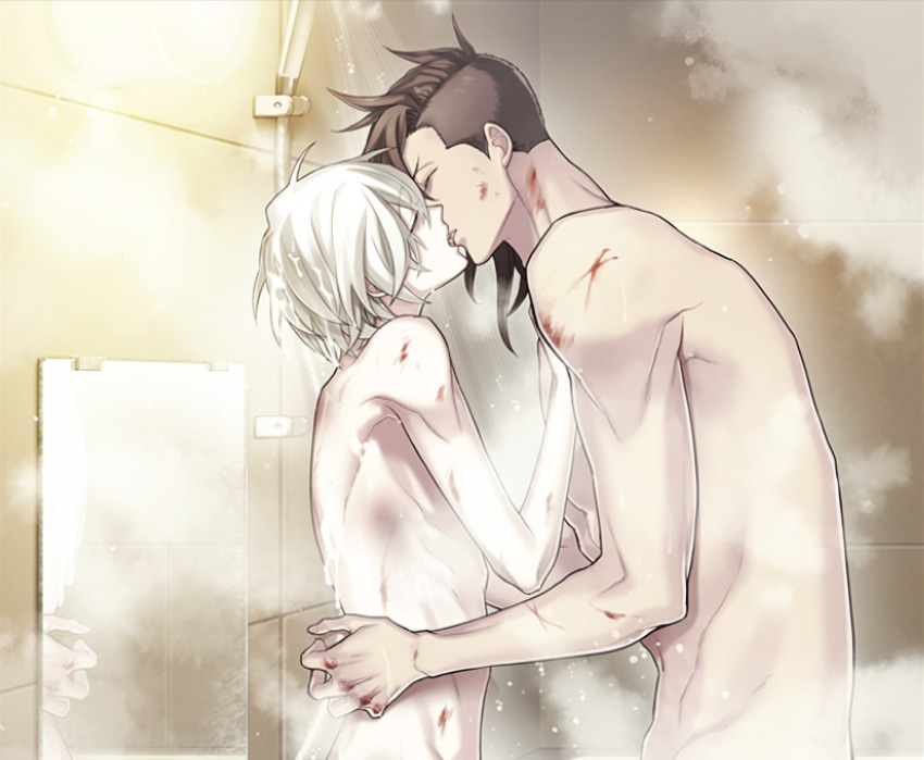 2boys baku_(slow_damage) bathroom black_hair blood closed_eyes cuts game_cg hand_on_another&#039;s_waist hands_on_another&#039;s_chest injury kiss male_focus mirror multiple_boys muscular muscular_male nitro+_chiral nude official_art shiro_(slow_damage) showering skinny slow_damage slow_damage:_clean_dishes soap_bubbles steam white_hair yamada_uiro yaoi