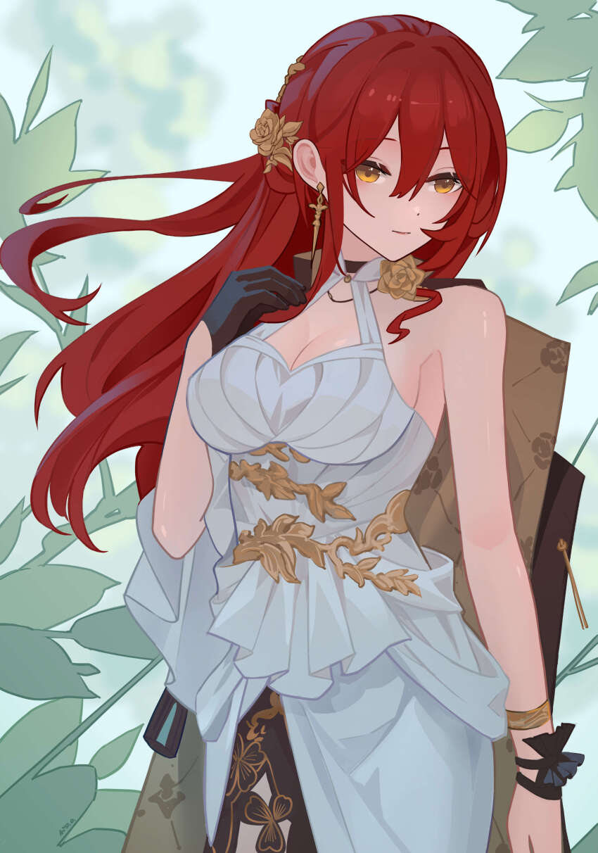 1girl absurdres ai_dongdong artificial_flower bare_shoulders black_gloves blurry blurry_background breasts brown_eyes brown_flower brown_rose choker cleavage closed_mouth commentary_request depth_of_field dress flower flower_choker gloves golden_rose hair_between_eyes hair_flower hair_ornament hand_up highres himeko_(honkai:_star_rail) honkai:_star_rail honkai_(series) large_breasts long_hair looking_to_the_side red_hair rose sleeveless sleeveless_dress solo very_long_hair white_dress