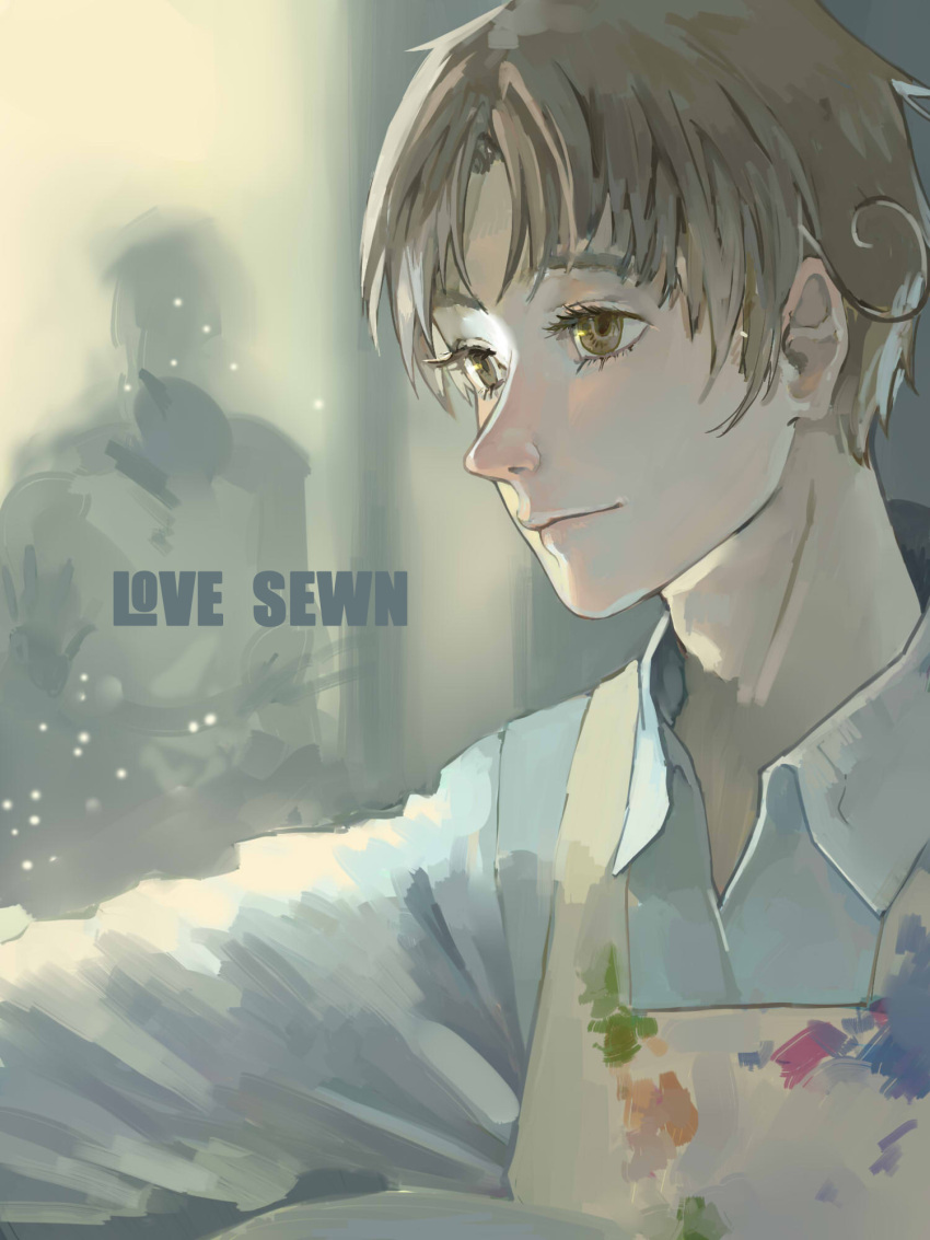1boy apron artist_name axis_powers_hetalia blue_shirt brown_eyes brown_hair character_request collared_shirt highres male_focus paint_on_clothes paint_splatter shirt short_hair smile solo upper_body white_apron xiaoquandianer