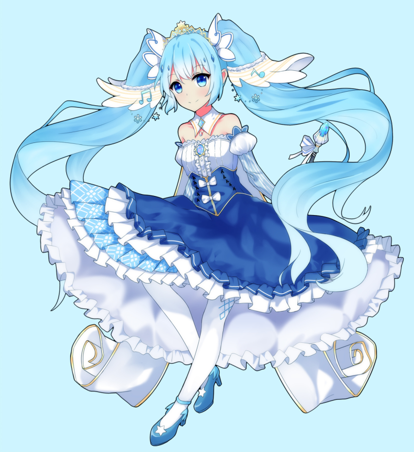1girl absurdly_long_hair alternate_sleeve_length amulet anniversary aqua_bow aqua_eyes aqua_hair aqua_skirt artist_name artist_request bare_shoulders beamed_eighth_notes beifang_qiji birthday blue_background blue_bow blue_dress blue_eyes blue_footwear blue_hair blue_skirt blunt_bangs blush bow breasts brooch cape center_frills choker cleavage collar collarbone cross-laced_clothes cross-laced_dress crystal detached_collar detached_sleeves dres dress dress_bow eighth_note female_focus frilled_dress frilled_skirt frilled_sleeves frills full_body hair_ornament hair_ribbon happy_birthday hatsune_miku high_heels highres holding holding_scepter hoop_skirt jewelry juliet_sleeves layered_dress layered_skirt long_dress long_hair long_image long_sleeves long_twintails looking_at_viewer musical_note musical_note_print off-shoulder_dress off_shoulder pantyhose parted_lips plaid_clothes plaid_dress plaid_skirt pleated pleated_dress pleated_skirt princess print_pantyhose print_skirt puffy_detached_sleeves puffy_long_sleeves puffy_sleeves ribbon scepter sidelocks simple_background skirt sleeveless sleeveless_dress small_breasts smile snowflake_print snowflakes solo strapless strapless_dress striped_sleeves tall_image tiara twintails two-tone_dress two-tone_skirt vertical-striped_sleeves very_long_hair vocaloid white_bow white_cape white_choker white_collar white_detached_collar white_dress white_pantyhose white_skirt white_sleeves wing_collar yuki_miku yuki_miku_(2019)