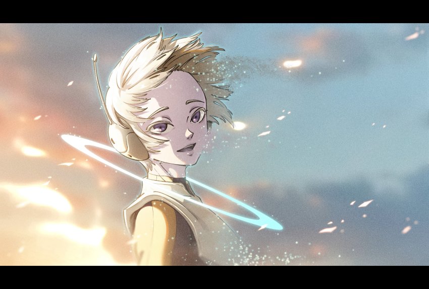 1boy absurdres colored_skin commentary disintegration dragon_ball dragon_ball_super dying english_commentary halo highres letterboxed looking_at_viewer male_focus merus_(dragon_ball) open_mouth purple_hair purple_skin sapphisces_t smile solo spoilers upper_body white_hair