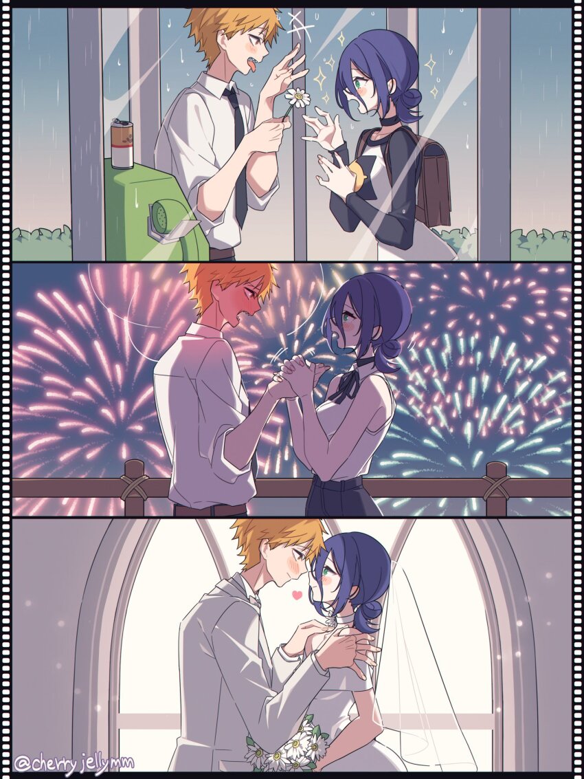 1boy 1girl artist_name black_choker black_hair black_ribbon blonde_hair chainsaw_man choker couple denji_(chainsaw_man) dress hair_bun highres imminent_kiss miri_(cherryjelly) neck_ribbon reze_(chainsaw_man) ribbon shirt shirt_tucked_in signature single_hair_bun sleeveless sleeveless_shirt twitter_username wedding wedding_dress