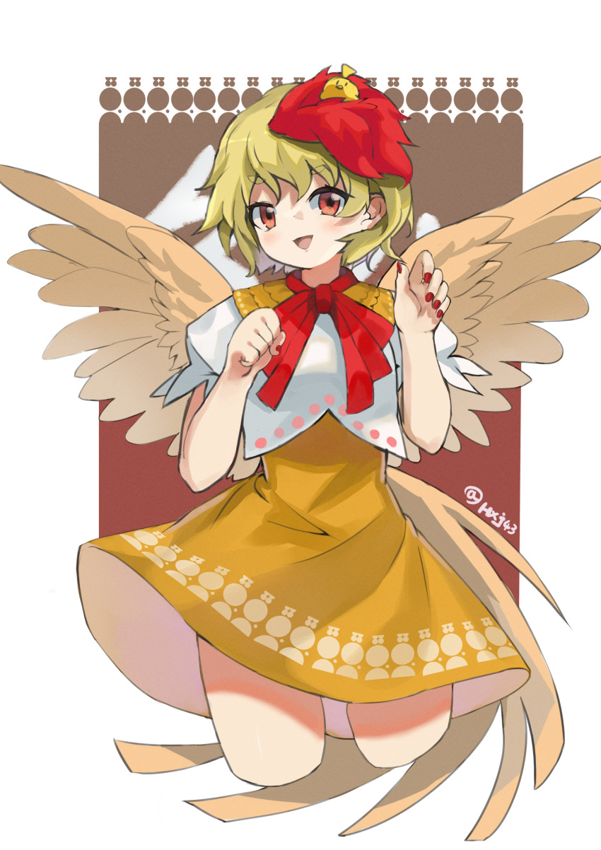1girl absurdres animal animal_on_head bird bird_on_head bird_tail bird_wings blonde_hair breasts chick cropped_legs dress feathered_wings fingernails highres hxj_(2324184595) multicolored_hair nail_polish niwatari_kutaka on_head open_mouth orange_dress red_eyes red_hair red_nails red_ribbon ribbon shirt small_breasts tail touhou two-tone_hair white_shirt wings yellow_tail yellow_wings