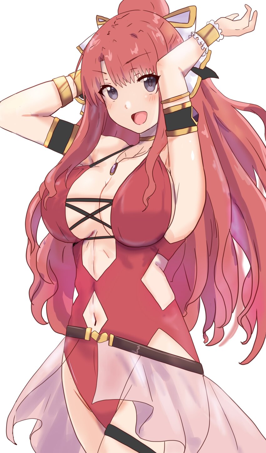 1girl absurdres akino_(princess_connect!) akino_(summer)_(princess_connect!) black_eyes blush breasts ekaki_kukuma highres jewelry large_breasts long_hair navel necklace open_mouth princess_connect! red_hair simple_background solo white_background