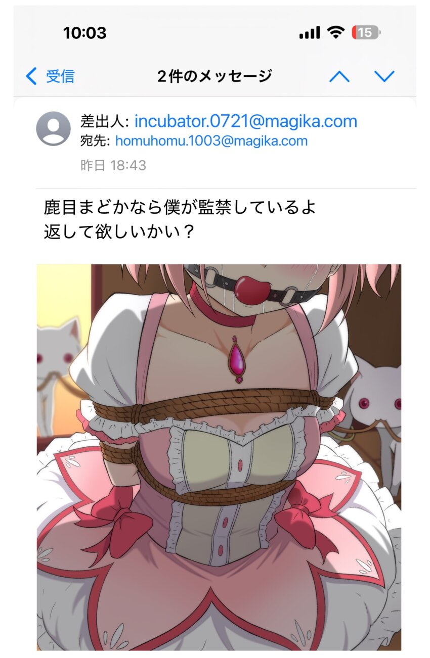 1girl 2others :3 ball_gag bdsm bondage bound bound_arms bound_torso bow breasts captured choker crying dress dress_bow drooling email_address frilled_dress frilled_skirt frills gag highres holding holding_rope japanese_text kaname_madoka kaname_madoka_(magical_girl) kidnapped kyubey loli magical_girl mahou_shoujo_madoka_magica multiple_others netorare out_of_frame phone pink_dress pink_hair puffy_short_sleeves puffy_sleeves red_bow red_choker reno_3tomato rope saliva shibari short_hair short_sleeves skirt small_breasts tears translated twintails
