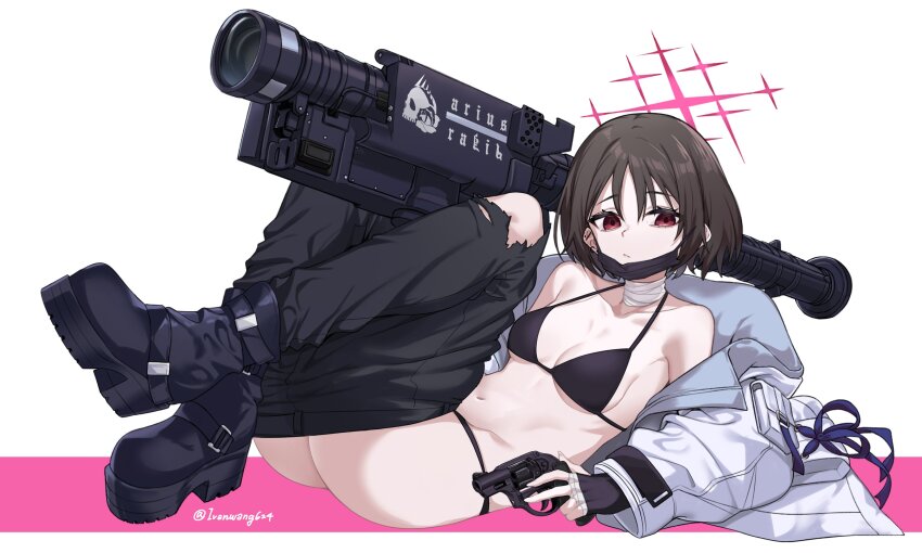 1girl absurdres bandaged_neck bandages barbell_piercing black_footwear black_hair blue_archive boots ear_piercing fim-92_stinger gun halo handgun highres holding holding_gun holding_rocket_launcher holding_weapon industrial_piercing ivan_wang jacket long_sleeves mask mask_pull misaki_(blue_archive) mouth_mask pants piercing red_eyes red_halo revolver rocket_launcher ruger_lcr short_hair surgical_mask torn_clothes torn_pants weapon