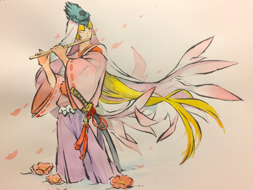 1boy bird_hat blonde_hair calligraphy_brush_(medium) closed_eyes commentary cropped_legs eyeshadow falling_petals flower hakama instrument japanese_clothes kimono long_hair lotus makeup mogura_(youtube) music ookami_(game) painting_(medium) petals pink_kimono pink_theme playing_flute playing_instrument red_eyeshadow simple_background solo tachi_(weapon) traditional_media ushiwakamaru_(ookami) very_long_hair wading watercolor_(medium)