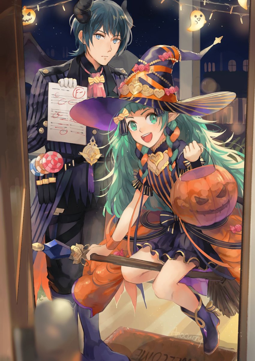 1boy 1girl alternate_costume anocurry ascot black_headwear black_skirt blouse blue_eyes blue_hair blunt_bangs bow braid broom broom_riding candy costume demon_horns demon_wings door doorknob dress fire_emblem fire_emblem:_three_houses fire_emblem_heroes food formal_clothes green_hair hair_ribbon halloween halloween_costume hat highres holding horns jack-o&#039;-lantern lollipop long_hair male_byleth_(fire_emblem) male_byleth_(halloween)_(fire_emblem) matching_hair/eyes multicolored_hair nintendo official_alternate_costume open_door open_mouth orange_background orange_dress pointy_ears pov puffy_short_sleeves puffy_sleeves ribbon_braid sash shirt short_sleeves simple_background skirt smile sothis_(fire_emblem) sothis_(halloween)_(fire_emblem) striped_clothes striped_shirt striped_suit suit test_paper test_score twin_braids very_long_hair wings witch_hat wristband