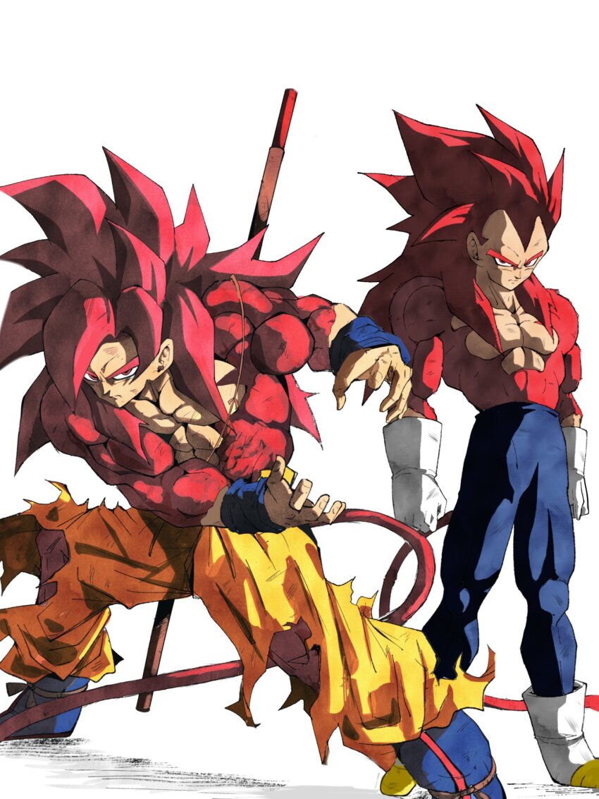 2boys blue_pants body_fur dragon_ball dragon_ball_daima full_body gloves highres long_hair male_focus monkey_tail multiple_boys muscular muscular_male orange_pants pants pato007711 red_eyes red_fur red_hair red_tail ruyi_jingu_bang simple_background son_goku spiked_hair standing super_saiyan super_saiyan_4 tail topless_male torn_clothes torn_pants vegeta white_background white_gloves