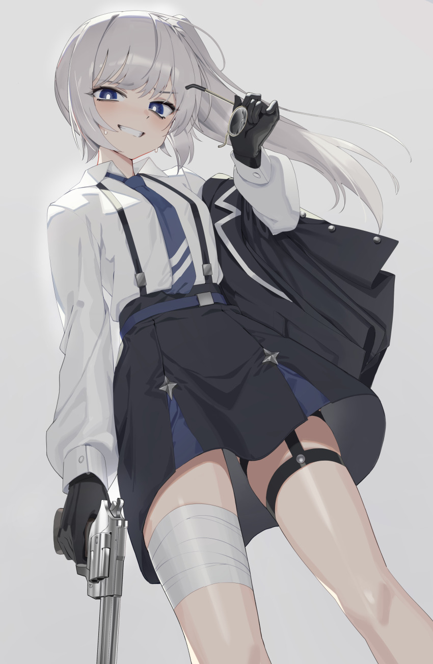 1girl absurdres bandaged_leg bandages black_gloves black_jacket black_skirt blazer blue_eyes blue_necktie bright_pupils buttoned_cuffs buttons collared_shirt commentary_request commission diagonal-striped_clothes diagonal-striped_necktie dress_shirt feet_out_of_frame finger_on_trigger from_below gloves goback grey-framed_eyewear grey_background grey_hair grin gun handgun highres holding holding_gun holding_removed_eyewear holding_weapon jacket korean_commentary lapels legs_apart long_hair long_sleeves looking_at_viewer monocle necktie open_collar original revolver round_eyewear second-party_source shirt shirt_tucked_in side_ponytail simple_background skirt smile solo standing striped_clothes teeth unworn_eyewear unworn_jacket weapon white_pupils white_shirt