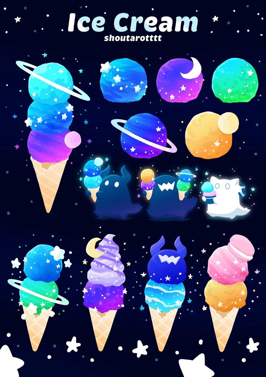 artist_name crescent crescent_moon english_text food food_focus ghost halo hat highres horns hoshikui ice_cream ice_cream_cone moon no_humans original shoutarou_(shoutarotttt) space star_(sky) star_(symbol)