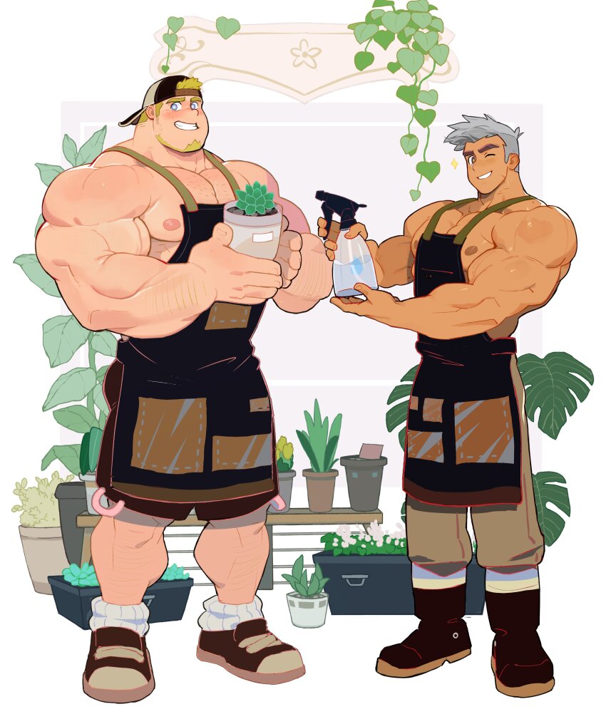 2boys abs absurdres apron backwards_hat bara biceps blonde_hair blue_eyes blush boots bottle brown_eyes brown_footwear facial_hair flower_pot full_body grey_hair hat height_difference highres holding holding_bottle holding_flower_pot large_pectorals looking_at_viewer male_focus monstera_deliciosa multiple_boys muscular muscular_male nearly_naked_apron one_eye_closed original pectorals plant pothos_(plant) potted_plant short_hair shorts sideburns smile spar sparkle sparse_arm_hair sparse_chest_hair spray_bottle stubble succulent_plant thick_thighs thighs uleez white_background