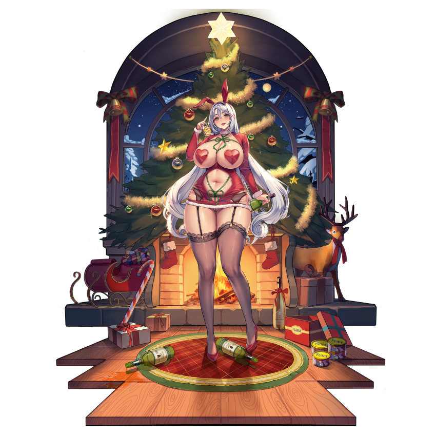 1girl @_@ animal_ears areola_slip bell between_breasts black_thighhighs blush bottle breastless_clothes breasts can candy candy_cane canned_tuna checkered_carpet christmas_ornaments christmas_present christmas_star christmas_stocking christmas_tree circe_(last_origin) cleavage clothing_cutout collarbone covered_erect_nipples cup detached_sleeves dress drinking_glass drunk empty_bottle english_text fake_animal_ears fir_tree fire fireplace food framed_breasts full_body fur-trimmed_dress fur-trimmed_sleeves fur_collar fur_trim garter_belt gift glass_bottle gluteal_fold green_eyes green_ribbon grey_hair hair_between_eyes hair_intakes hair_ornament heart_pasties high_heels highres hip_vent holding holding_bottle holding_cup huge_breasts ice ice_cube indoors lace lace-trimmed_thighhighs lace_trim large_areolae last_origin leotard long_hair looking_at_viewer microdress navel night night_sky no_panties official_alternate_costume official_art open_gift partially_visible_vulva pasties playboy_bunny rabbit_ears red_carpet red_dress red_footwear red_nose red_pasties red_ribbon reindeer ribbon santa_costume santa_dress sky sleigh snow solo spilling standing star_(sky) stomach_cutout strapless strapless_dress tachi-e taut_clothes taut_dress thick_thighs thighhighs thighs third-party_source tongue tongue_out transparent_background tree underwear window wine_bottle wine_glass wooden_floor wow_(cor369) wrapped_up x_hair_ornament