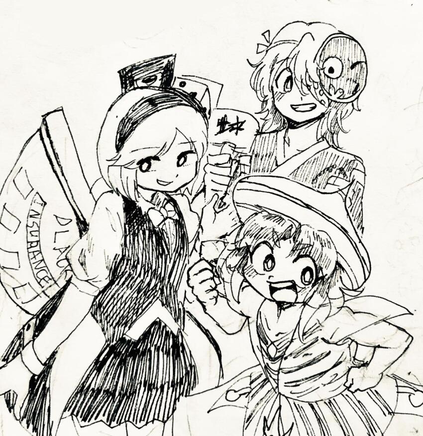 3others ametsukana_yago androgynous bad_id bad_twitter_id bandage_over_one_eye blackjack_table bow bowtie brilliant_pagoda_or_haze_castle card center_frills clenched_hands coattails collared_shirt colored_tips commentary_request cowboy_shot cropped_torso dice_hair_ornament dot_nose dress_shirt eye_of_senri frills greyscale grin hair_ornament hairband hammer hand_on_own_hip happy hat highres holding holding_hammer jacket japanese_clothes kimono len&#039;en light_blush long_sleeves mask mask_on_head medium_hair miniskirt monochrome multicolored_hair multiple_others noh_mask other_focus photo_(medium) playing_card see-through_clothes see-through_jacket senri_haiji shirt short_sleeves skirt smile standing striped_clothes striped_headwear striped_shirt table tareme traditional_bowtie traditional_media vest wrist_cuffs xeno_a yukkyon_kyon
