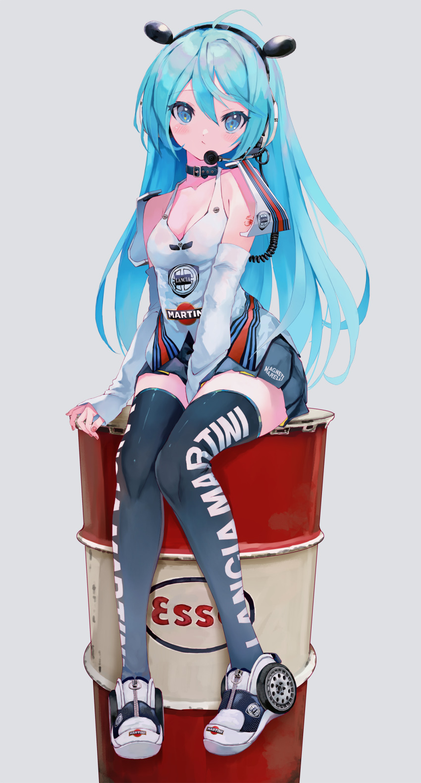 1girl absurdres ad ahoge arm_support arm_warmers bare_shoulders belt_collar between_legs black_collar black_shoes black_skirt black_thighhighs blue_eyes blue_hair blush breasts closed_mouth collar collarbone commentary_request detached_sleeves drum_(container) full_body gradient_legwear hair_between_eyes hand_between_legs headset highres lancia_(brand) long_hair long_sleeves looking_at_viewer martini_(brand) microphone nail_polish original personification pink_nails pleated_skirt pout product_placement s4_uniform scorpion_tattoo shoes simple_background sitting sitting_on_drum skirt sleeves_past_wrists small_breasts sneakers solo takepon1123 tattoo text_print thighhighs white_background white_shoes zipper