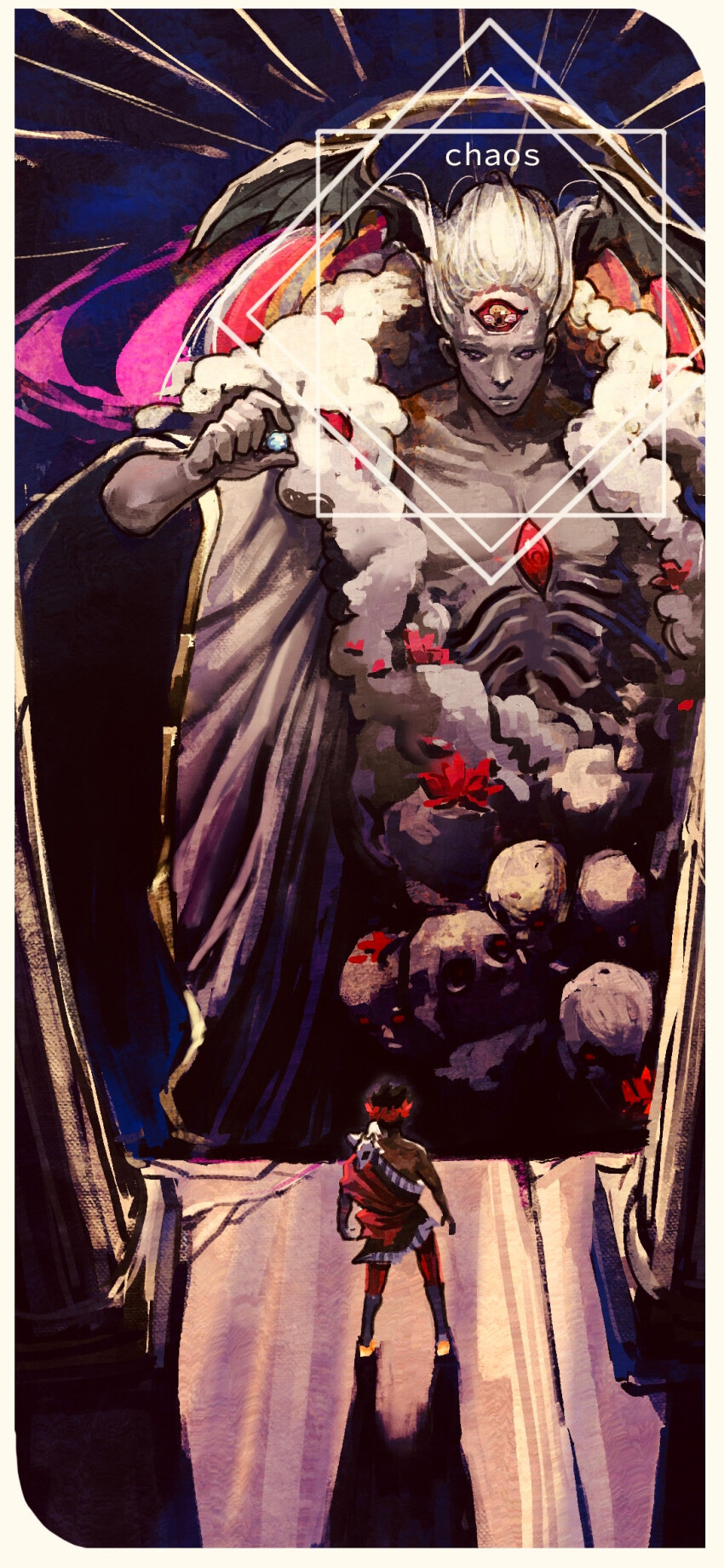 1boy 1other black_hair border chaos_(hades) commentary english_commentary full_body gem greco-roman_clothes hades_(series) highres holding laurel_crown looking_at_another purple_background red_gemstone shadow short_hair single_bare_shoulder skull third_eye tworain_w upper_body white_border white_hair zagreus_(hades)