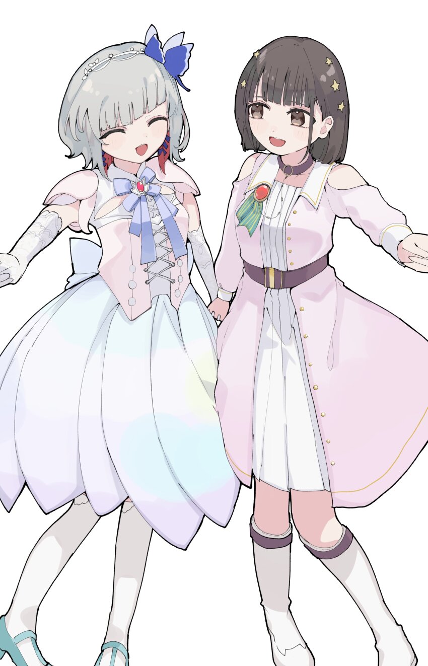 2girls :d ^_^ absurdres animification aqua_shoes aurora_flower_(love_live!) bare_shoulders black_hair bob_cut boots butterfly_hair_ornament butterfly_wings closed_eyes clothing_cutout colored_inner_hair commentary commentary_typo diagonal_bangs dream_believers elbow_gloves fake_wings gloves grey_hair hair_ornament hairband hashtag-only_commentary highres holding_hands insect_wings inverted_bob knee_boots link!_like!_love_live! long_sleeves looking_at_another love_live! multicolored_hair multiple_girls nagisa_iori open_mouth over-kneehighs real_life red_hair sasaki_kotoko shoes short_hair short_sleeves shoulder_cutout simple_background smile standing star_(symbol) star_hair_ornament thighhighs virtual_youtuber voice_actor voice_actor_connection white_background white_boots white_gloves white_hairband white_thighhighs wings yugiri_tsuzuri
