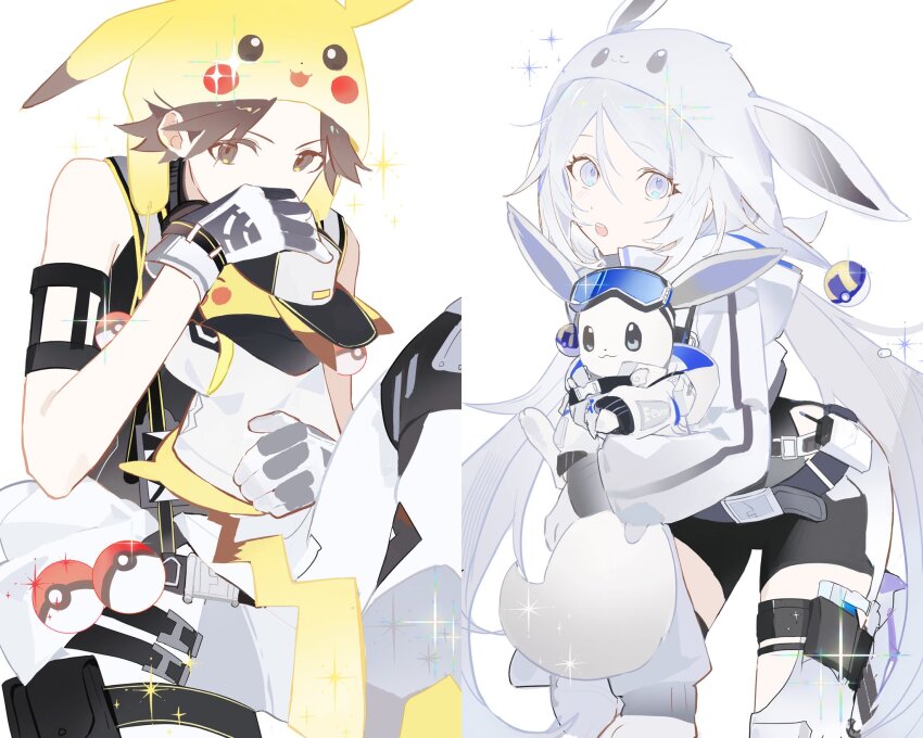 1boy 1girl artist_request backwards_hat bare_shoulders black_shirt black_shorts blue_eyes brown_eyes brown_hair eevee gen_1_pokemon gloves goggles goggles_on_head grey_hair hat highres hug jacket long_hair long_sleeves nintendo open_mouth peaked_cap pikachu poke_ball pokemon pokemon_(creature) second-party_source shirt shorts simple_background sleeveless sleeveless_shirt twintails very_long_hair white_background white_jacket