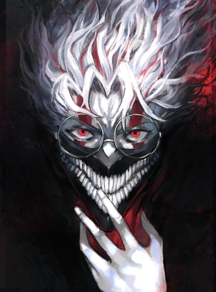 1boy alternate_form black_choker choker dandadan glasses highres mask mouth_mask red_eyes round_eyewear takakura_ken_(dandadan) takakura_ken_(transformed)_(dandadan) tall_hair white_hair xa8uofivf2mcart