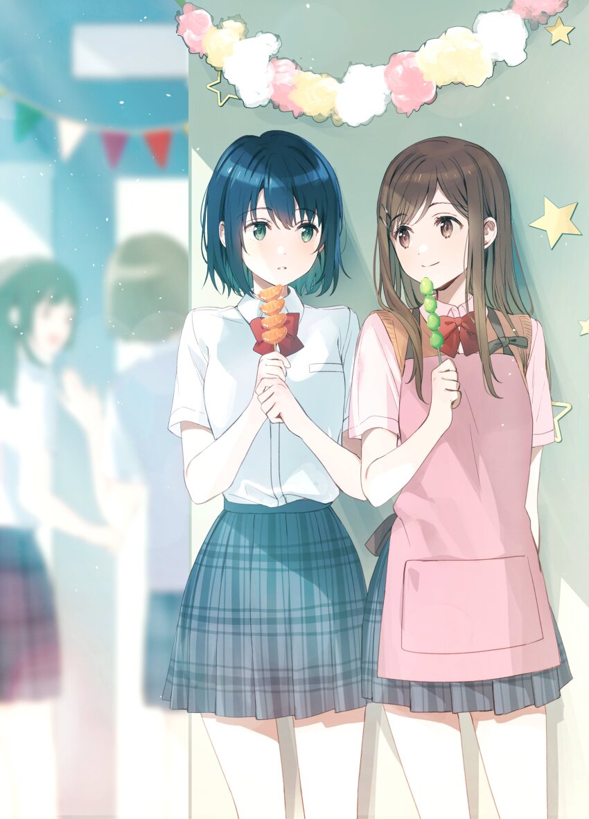4girls absurdres adachi_sakura adachi_to_shimamura apron blue_eyes blue_hair blue_skirt bow bowtie brown_eyes brown_hair brown_sweater_vest commentary_request dress food hair_ornament hairclip highres holding holding_food light_particles long_hair multiple_girls novel_illustration official_art parallel_hairclips pink_apron pink_shirt plaid_clothes plaid_skirt purple_eyes red_bow red_bowtie school_uniform second-party_source shimamura_hougetsu shirt short_hair sidelocks skirt sweater_vest tanghulu weee_(raemz) white_shirt