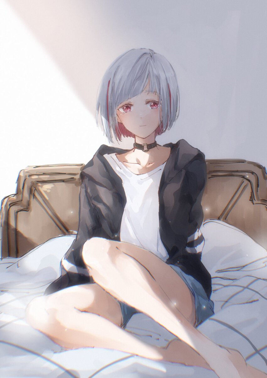 1girl barefoot black_choker black_jacket blue_shorts blush bob_cut choker closed_mouth collarbone colored_inner_hair diagonal_bangs full_body grey_hair highres hood hooded_jacket inverted_bob jacket l9525 light_particles link!_like!_love_live! long_sleeves looking_at_viewer love_live! multicolored_hair o-ring o-ring_choker official_alternate_costume on_bed open_clothes open_jacket red_eyes red_hair shirt short_shorts shorts sitting smile solo streaked_hair virtual_youtuber white_shirt yugiri_tsuzuri yugiri_tsuzuri_(summer_loungewear)