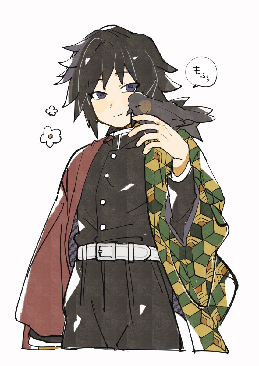 1boy belt bird black_hair black_jacket black_pants blue_eyes buttons closed_mouth cowboy_shot crow demon_slayer_uniform flower hand_up haori high_collar highres holding holding_sword holding_weapon jacket japanese_clothes kanzaburou_(kimetsu_no_yaiba) katana kikkoumon kimetsu_no_yaiba looking_at_animal low_ponytail male_focus nanase_(nanataroo_7) pants ponytail print_haori red_haori simple_background smile solo speech_bubble spiked_hair sword tomioka_giyuu translation_request weapon white_background white_belt white_flower