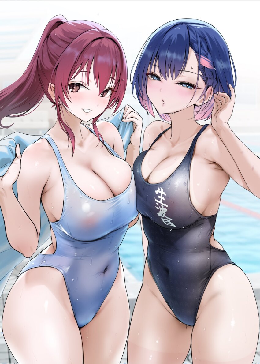 2girls adjusting_hair black_one-piece_swimsuit blue_eyes blue_hair braid breasts brown_eyes cleavage commentary_request covered_erect_nipples covered_navel gradient_hair grey_one-piece_swimsuit highres holding holding_towel large_breasts long_hair looking_at_viewer multicolored_hair multiple_girls nylon_(nylon_100) one-piece_swimsuit original parted_lips pink_hair ponytail red_hair short_hair smile swimsuit textless_version towel wet wet_clothes wet_swimsuit