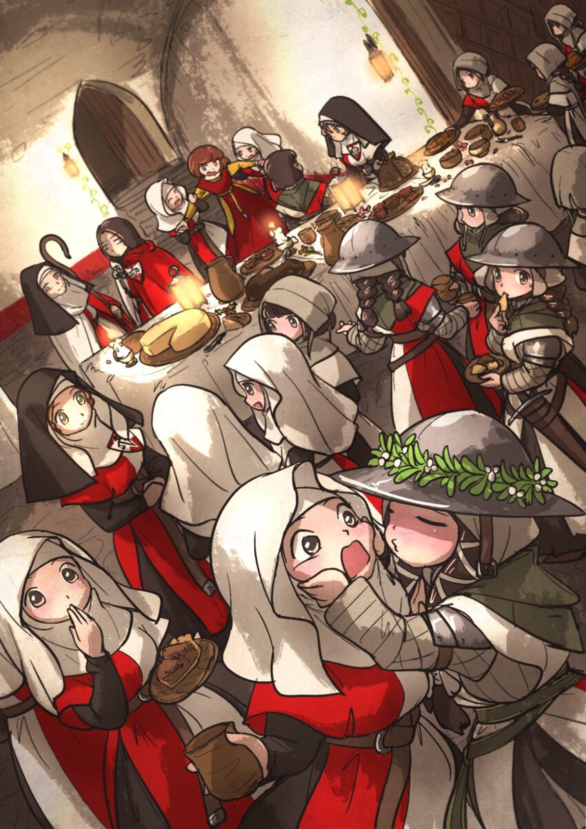 6+girls armor balance_scale_print belt black_vest blush bowl bread breasts brown_hair candle celebration character_request check_character cheese closed_mouth commentary cup dress dutch_angle eating emblem english_commentary feast flora_sister_(ironlily) food fruit_tart gambeson green_eyes grey_helmet hand_to_own_mouth hands_on_another&#039;s_cheeks hands_on_another&#039;s_face head_wreath helmet highres holding holding_another&#039;s_arm holding_cup holding_plate holding_staff indoors ironlily jacket kettle_helm knight lady_johnna_(ironlily) lady_leonie_(ironlily) large_breasts layered_armor long_hair long_sword medieval multicolored_jacket multiple_girls nun open_mouth ordo_mediare_sisters_(ironlily) own_hands_clasped own_hands_together pie pitcher_(container) plate puckered_lips pudding red_dress rejected_kiss rerebrace scabbard sheath shepherd&#039;s_crook shirt short_hair_sister_(ironlily) single_braid_sister_(ironlily) sister-at-arms_(ironlily) staff standing stone_floor surcoat sword table tablecloth tart_(food) tray twin_braids_sister_(ironlily) two-tone_jacket veil vest weapon white_veil wimple yellow_shirt yuri