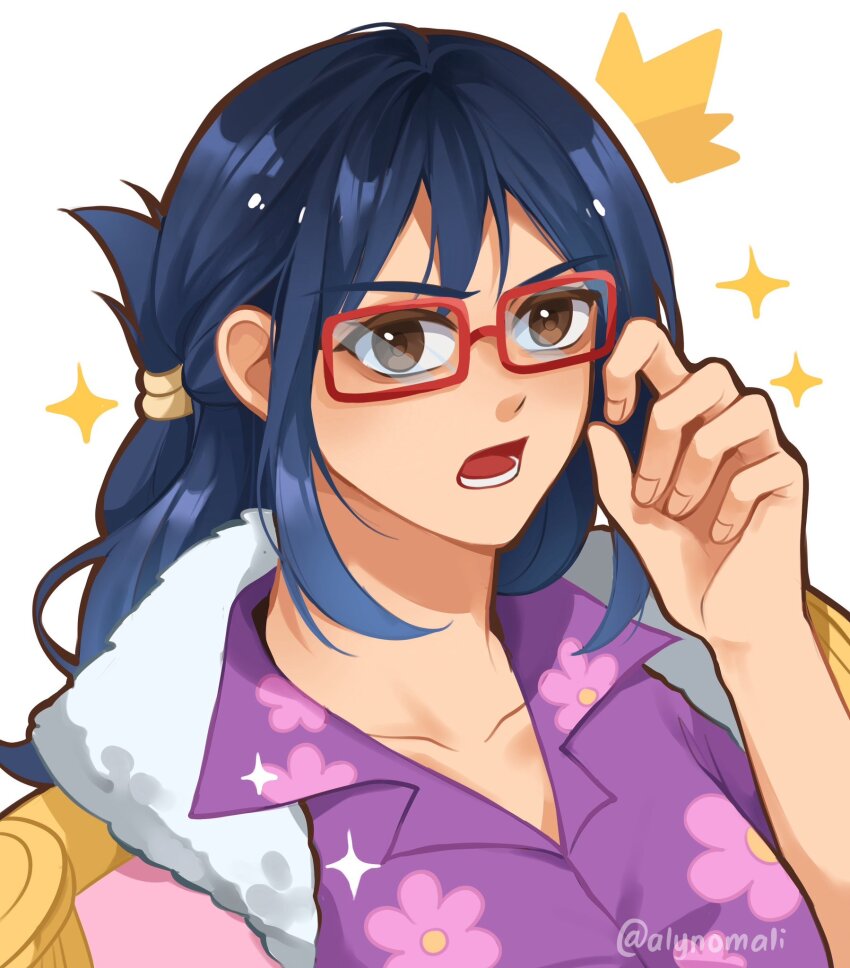 1girl adjusting_eyewear alynomali blue_hair brown_eyes coat collared_shirt commentary english_commentary floral_print fur-trimmed_coat fur_trim glasses highres long_hair looking_at_viewer one_piece open_mouth pink_coat print_shirt purple_shirt red-framed_eyewear shirt simple_background solo sparkle tashigi twitter_username upper_body white_background