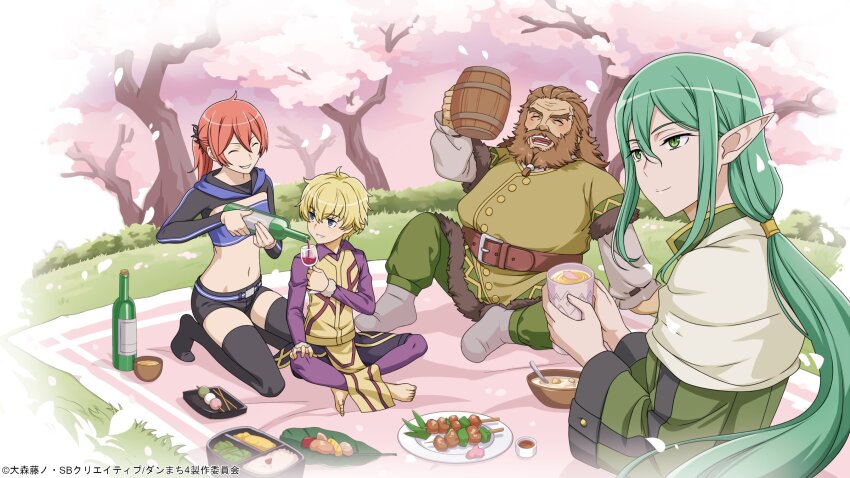 2boys 3girls ^_^ arm_support beer_mug belt black_shorts black_thighhighs bottle brown_belt brown_hair cherry_blossoms closed_eyes closed_mouth cup dango drinking_glass dungeon_ni_deai_wo_motomeru_no_wa_machigatteiru_darou_ka dwarf elf facing_another fat fat_man finn_deimne food gareth_landrock green_eyes green_hair green_pants grey_socks hair_between_eyes hanami highres holding holding_bottle holding_cup indian_style loki_(danmachi) long_sleeves looking_at_another midriff mug multiple_boys multiple_girls no_shoes no_socks official_art outdoors pants petals pointy_ears riveria_ljos_alf sanshoku_dango second-party_source shorts sitting socks thighhighs two-handed wagashi wine_bottle wine_glass