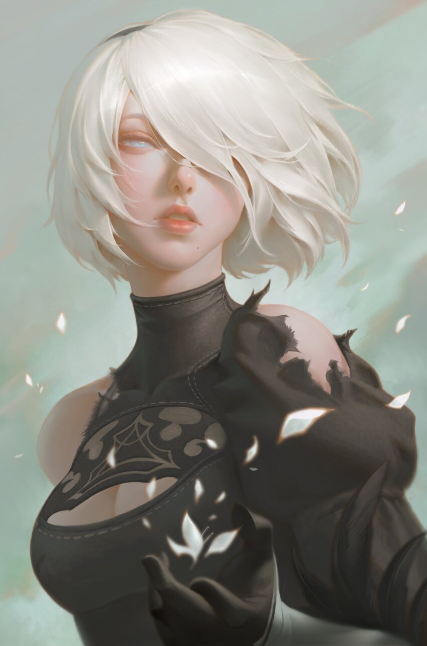 1girl 2b_(nier:automata) absurdres arif_wijaya black_feathers black_gloves black_hairband blue_eyes bob_cut breasts cleavage cleavage_cutout clothing_cutout falling_petals feather_trim feathers gloves hair_over_one_eye hairband highres juliet_sleeves long_sleeves medium_breasts mole mole_under_mouth nier:automata nier_(series) parted_lips petals puffy_sleeves short_hair solo torn_clothes torn_sleeves upper_body white_hair white_petals