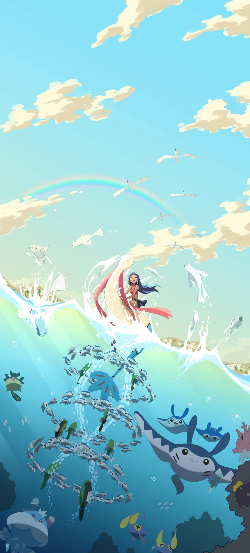 1girl absurdres alternate_costume basculin basculin_(blue) basculin_(red) black_hair blue_eyes blue_hair bubble chinchou cloud commentary_request corsola dark-skinned_female dark_skin dewgong earrings etyaduke frillish frillish_(female) frillish_(male) gen_1_pokemon gen_2_pokemon gen_3_pokemon gen_4_pokemon gen_5_pokemon gen_7_pokemon highres hoop_earrings jellicent jellicent_(male) jewelry long_hair looking_up mantine mantyke milotic multicolored_hair nessa_(pokemon) nintendo pokemon pokemon:_twilight_wings pokemon_(creature) pokemon_swsh qwilfish rainbow remoraid riding riding_pokemon sky splashing two-tone_hair water wingull wishiwashi wishiwashi_(solo)
