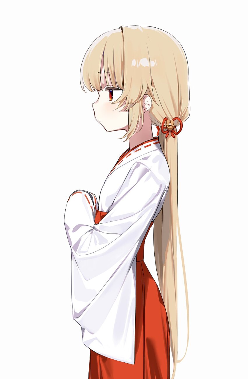 1girl blonde_hair commentary_request expressionless flat_chest from_side hair_ornament hakama hands_in_opposite_sleeves highres japanese_clothes kimono long_hair low_ponytail miko nano_(nan0ng) natori_sana natori_sana_(miko) own_hands_together ponytail profile rabbit_hair_ornament red_eyes red_hakama sana_channel simple_background solo upper_body virtual_youtuber white_background white_kimono