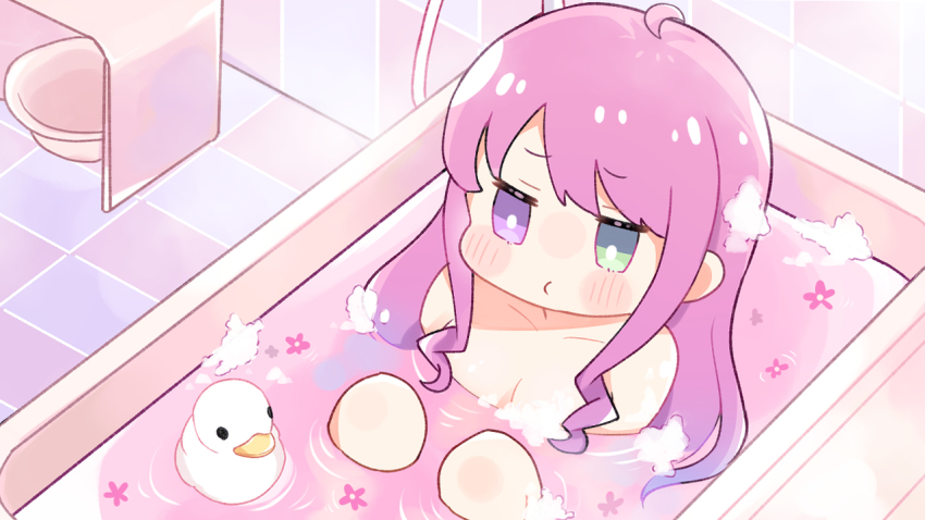 basin bath bath_stool blush cherry_blossoms chibi gradient_hair heterochromia himemori_luna hololive multicolored_hair pout rubber_duck soap_bubbles stool teriteri_tamago tile_floor tiles virtual_youtuber wet