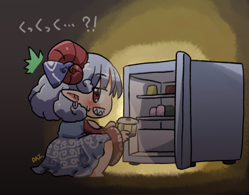 1girl ^^^ barefoot blue_dress blue_hair blue_ribbon blush commentary_request curly_hair detached_sleeves dress earrings food full_body grin holding holding_food horn_ornament horn_ribbon horns jewelry looking_back meandros pointy_ears red_eyes red_horns red_sleeves refrigerator refrigerator_interior ribbon rokugou_daisuke sharp_teeth sheep_horns short_hair signature sitting smile solo sweatdrop teeth touhou toutetsu_yuuma