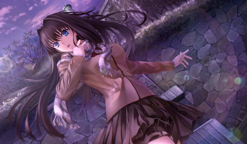 1girl absurdres aozaki_aoko blue_eyes breasts brown_hair hair_intakes harukey highres jacket large_breasts long_hair looking_at_viewer mahou_tsukai_no_yoru private_misaki_high_school_uniform scarf school_uniform skirt solo