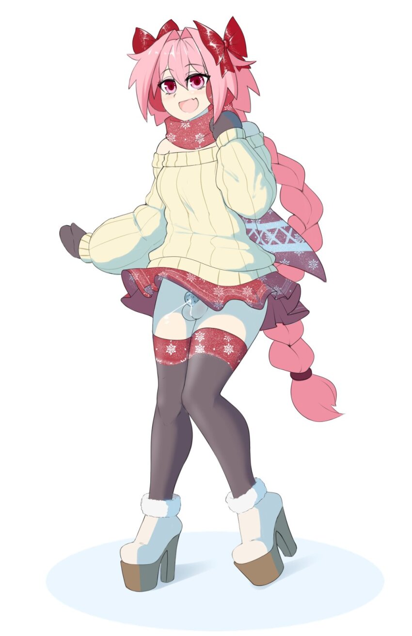 1boy ankle_boots astolfo_(fate) black_thighhighs boots bow braid braided_ponytail chastity_cage commentary cum ejaculation english_commentary fang fate/apocrypha fate_(series) flat_chastity_cage full_body fur-trimmed_boots fur_trim hair_between_eyes hair_bow handsfree_ejaculation high_heel_boots high_heels highres long_hair long_sleeves miniskirt mittens open_mouth penis pink_eyes pink_hair platform_boots platform_footwear platform_heels red_skirt scarf sealguy simple_background skin_fang skirt small_chastity_cage small_penis snowflake_print solo spontaneous_orgasm sweater tagme testicles thighhighs tongue trap very_long_hair white_background