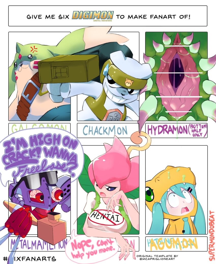 agumon agumon_(cosplay) blue_hair chackmon cosplay digimon digimon_(creature) english_text galgomon hatsune_miku highres hydramon lilimon long_hair metalmamemon open_mouth sexually_suggestive vocaloid