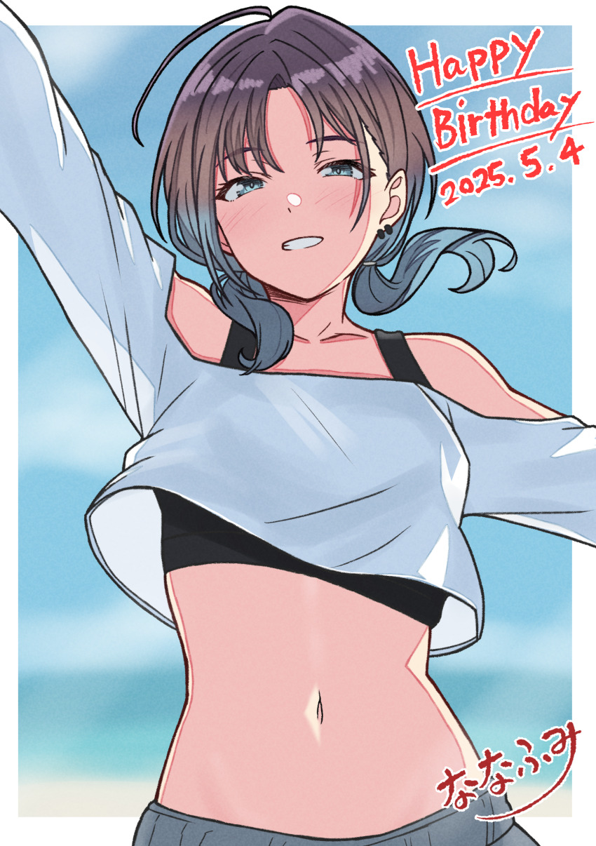 1girl absurdres asakura_toru bare_shoulders blue_eyes blue_sky cloud colored_tips crop_top earrings fuminomino happy_birthday highres idolmaster idolmaster_shiny_colors jewelry long_sleeves looking_at_viewer low_twintails medium_hair midriff multicolored_hair navel outdoors pants purple_hair sky smile solo sports_bra sweatpants translation_request twintails