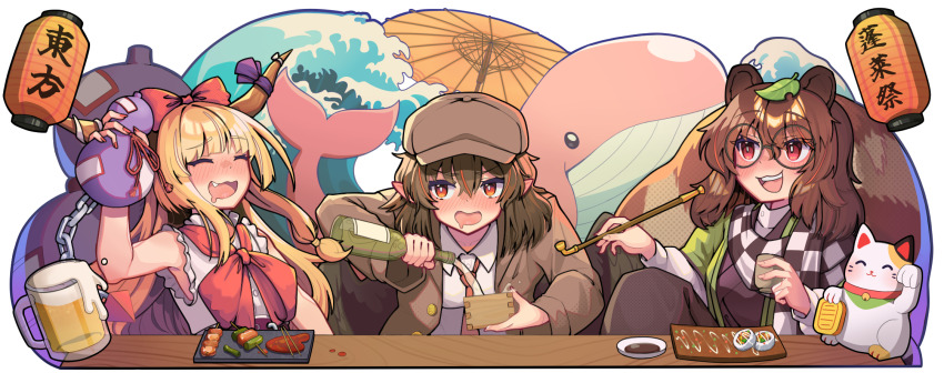 3girls a12_a_ini alcohol animal_ears beer beer_mug bird_wings blush bow breasts brown_hair brown_horns brown_jacket checkered_clothes checkered_scarf choko_(cup) closed_eyes collared_shirt commentary cup drunk english_commentary flat_cap food food_request futatsuiwa_mamizou glasses gohei hair_bow hat highres holding holding_cup holding_gohei holding_smoking_pipe horn_ornament horn_ribbon horns ibuki_suika jacket kiseru lantern leaf leaf_on_head long_hair long_sleeves maneki-neko masu mug multicolored_hair multiple_girls necktie official_alternate_costume oil-paper_umbrella oni open_mouth orange_hair paper_lantern plate pointy_ears raccoon_ears raccoon_girl raccoon_tail red_eyes red_hair red_necktie ribbon scarf shameimaru_aya shameimaru_aya_(newsboy) shirt skewer smile smoking_pipe streaked_hair suit_jacket tail teeth touhou translation_request umbrella upper_teeth_only waves whale white_shirt wings