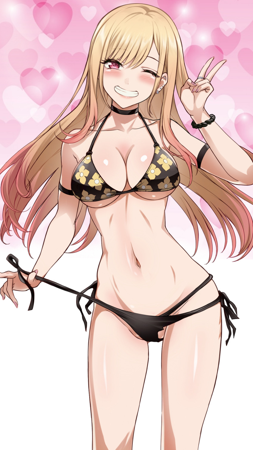 1girl barbell_piercing bikini black_bikini black_choker blonde_hair blush breasts choker cleavage collarbone colored_tips cowboy_shot dot_nose ear_piercing earrings fake_nails floral_print floral_print_bikini gradient_background gradient_hair grin gyaru heart highres industrial_piercing jewelry kitagawa_marin labia_slip large_breasts long_hair looking_at_viewer multi-strapped_bikini_bottom multicolored_hair navel official_style one_eye_closed open_clothes piercing pink_nails print_bikini red_eyes saint_laurent_paris shiny_skin side-tie_bikini_bottom sidelocks smile solo sono_bisque_doll_wa_koi_wo_suru standing stomach string_bikini swept_bangs swimsuit untied_bikini untied_bikini_bottom untying v