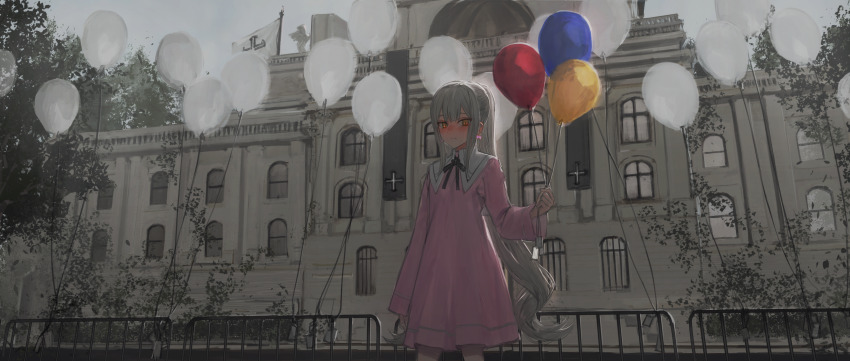 1girl absurdres balloon black_ribbon blush castle closed_mouth day dress earrings female_focus fence grey_hair grey_sky highres hirota_tsuu jewelry long_hair long_sleeves looking_at_viewer neck_ribbon orange_eyes original outdoors pink_dress ponytail ribbon sidelocks sky solo tree very_long_hair