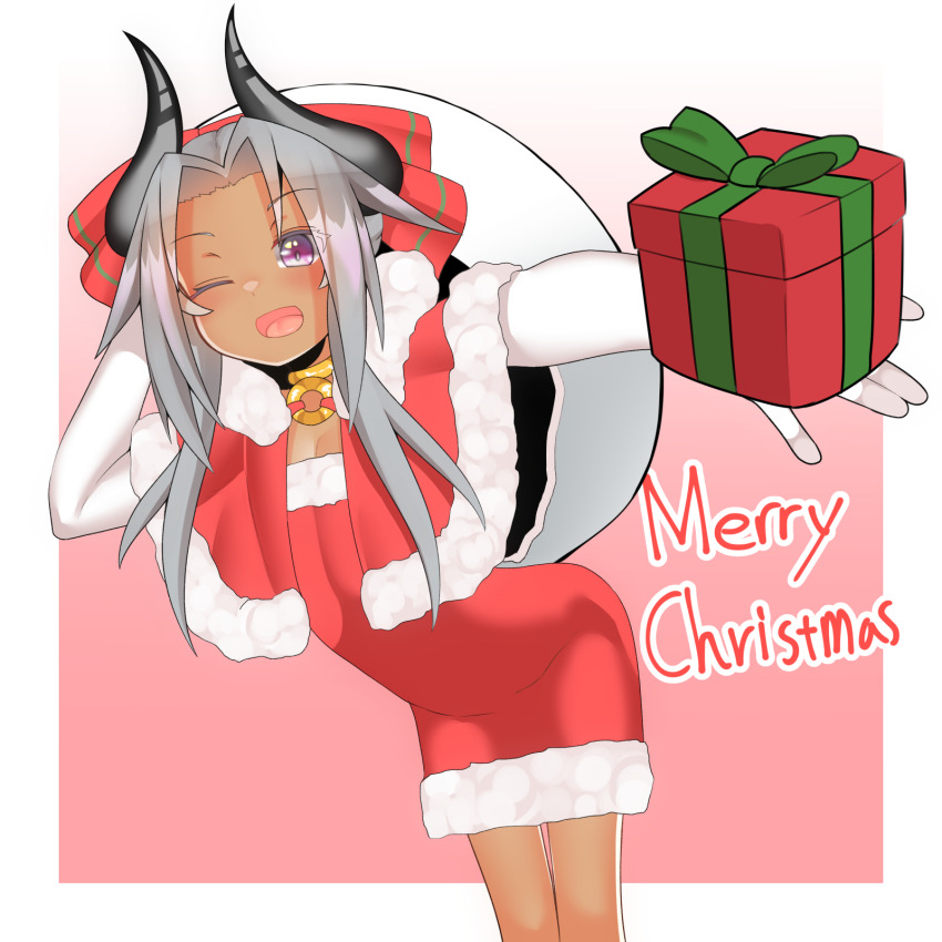 1girl arm_behind_head bag black_horns commentary_request curtained_hair curved_horns dark-skinned_female dark_skin elbow_gloves english_text gift gloggy gloves grey_hair highres holding holding_gift horns jewelry kikyou_(gloggy) long_hair looking_at_viewer merry_christmas neck_ring one_eye_closed open_mouth original outside_border outstretched_arm purple_eyes santa_costume slim_legs solo white_gloves