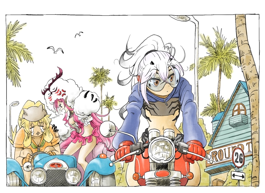 3girls baobhan_sith_(fate) baobhan_sith_(swimsuit_pretender)_(first_ascension)_(fate) barghest_(fate) barghest_(swimsuit_archer)_(first_ascension)_(fate) bird blonde_hair blue_jacket breasts car cernunnos_(fate) character_hood cropped_jacket crying faerie_knights_(fate) fate/grand_order fate_(series) gloves goggles headwear_with_attached_mittens highres jacket long_hair melusine_(fate) melusine_(swimsuit_ruler)_(fate) melusine_(swimsuit_ruler)_(first_ascension)_(fate) microskirt moped motor_vehicle multiple_girls navel open_mouth orange_shirt palm_tree pink_hair pink_skirt pointing pointy_ears ponytail red_gloves seagull shirt sitting skirt streaming_tears tears tree white_hair yellow_eyes yifan-zeng
