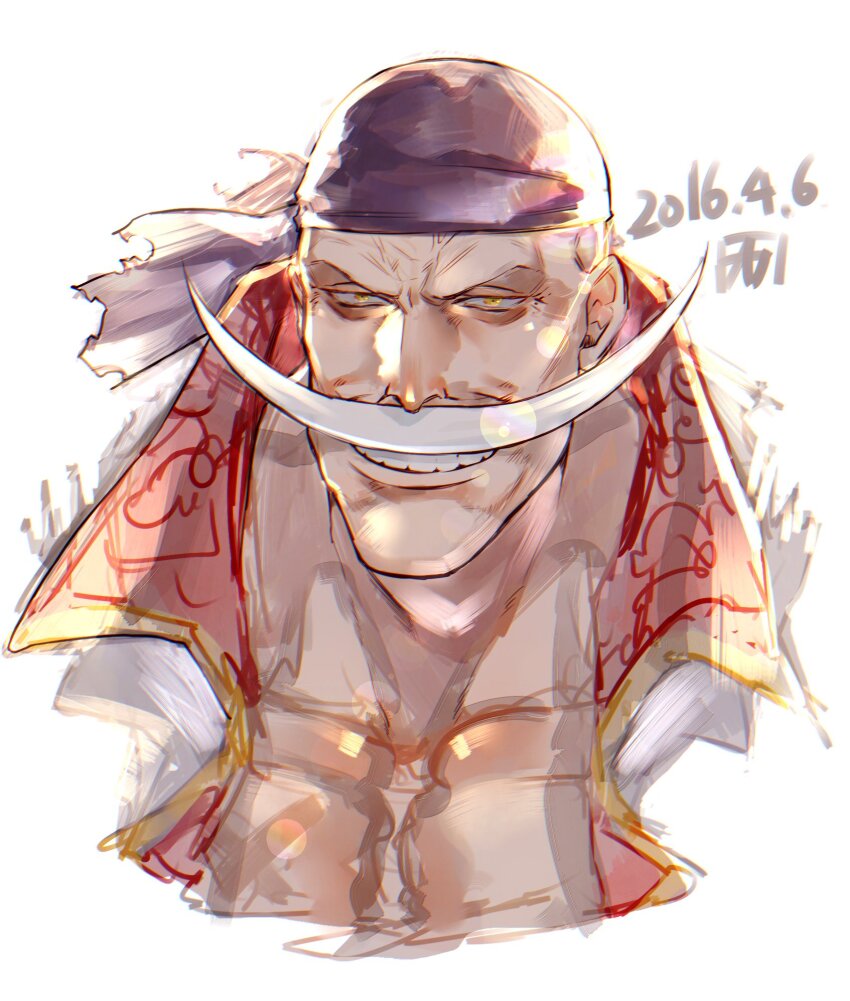 1boy bandana black_bandana collared_coat dated edward_newgate facial_hair highres long_mustache looking_at_viewer male_focus mustache muyukikiyoshi11521 one_piece simple_background smile solo upper_body v-shaped_eyebrows white_background yellow_eyes