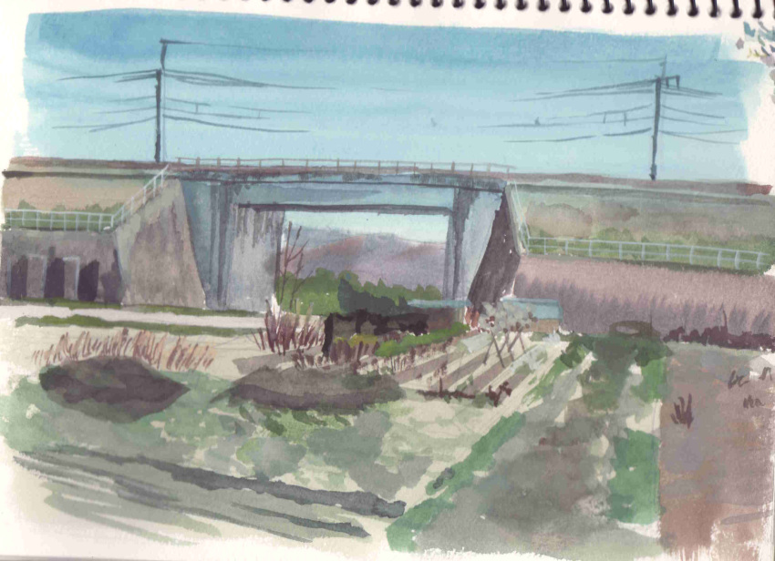 blue_sky bridge day fence fumeshi grass highres iron_fence no_humans original plant power_lines rural scenery sky utility_pole