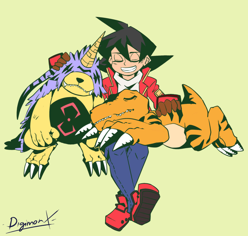 agumon agumon_x-antibody claws closed_eyes digimon digimon_(creature) gabumon gabumon_x-antibody highres horns sharp_teeth smile tail teeth