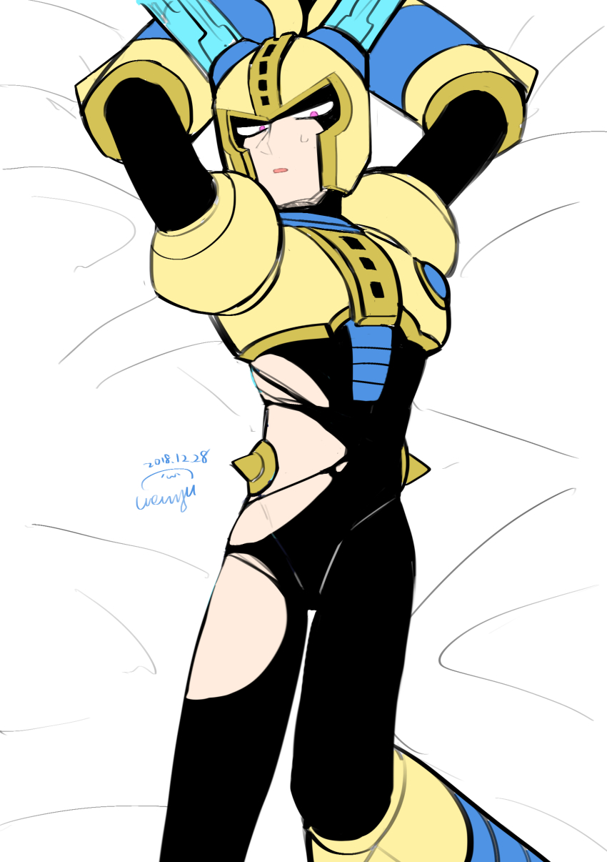 1boy absurdres android armor arms_up bed bed_sheet black_bodysuit bodysuit breastplate commentary_request feet_out_of_frame fuse fuse_man gloves helmet highres joints looking_at_viewer lying male_focus mega_man_(classic) mega_man_(series) mega_man_11 on_back on_bed parted_lips purple_eyes robot robot_joints shoulder_armor simple_background solo solo_focus torn_bodysuit torn_clothes vambraces wenyu white_background white_gloves yellow_armor yellow_headwear