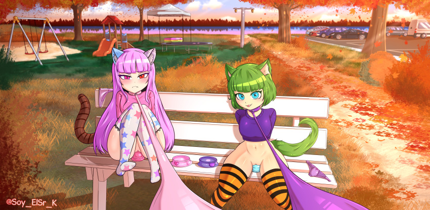 absurdres akemi akemithekitten autumn_leaves bench collar dildo embarrassed female_focus hands_behind happy happy_sex highres humiliation leaf leah leash original park park_bench public_indecency public_nudity sex_toy siblings twins