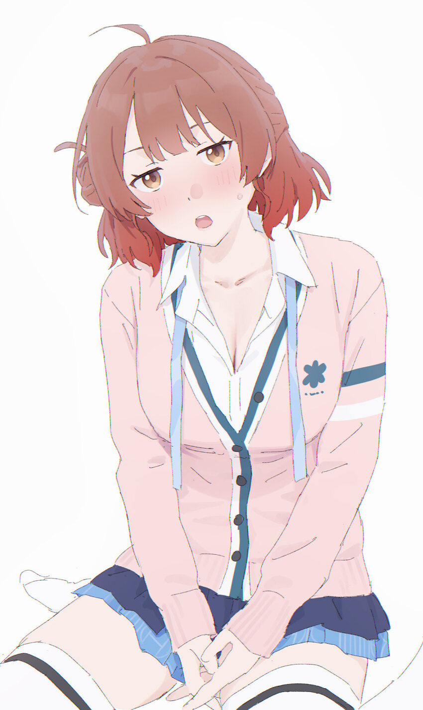 1girl :o ahoge blue_ribbon blue_skirt blush breasts brown_eyes brown_hair car cardigan cleavage collarbone collared_shirt dress_shirt gakuen_idolmaster hair_bun half_updo hanami_ume hatsuboshi_gakuen_school_uniform highres idolmaster looking_at_viewer medium_breasts mikazuchi_zeus motor_vehicle neck_ribbon no_shoes open_mouth own_hands_clasped own_hands_together pink_car pink_cardigan pleated_skirt ribbon school_uniform shirt short_hair single_horizontal_stripe single_side_bun sitting skirt small_sweatdrop solo teeth thighhighs untied_ribbon upper_teeth_only wariza white_shirt white_thighhighs